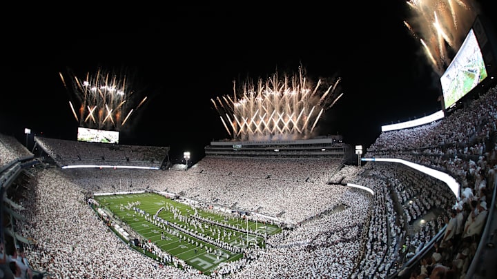 Fireworks burst over Penn State's Beaver Stadium during the White Out game between the Nittany Lions and the Oregon Ducks.