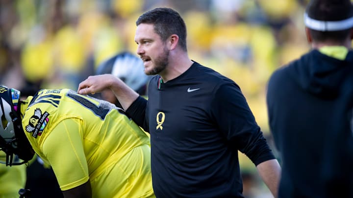 Oregon Ducks head coach Dan Lanning walks the field during warmups as the Ducks host the Spartans Friday, Oct. 4, 2024 at Autzen Stadium in Eugene, Ore.