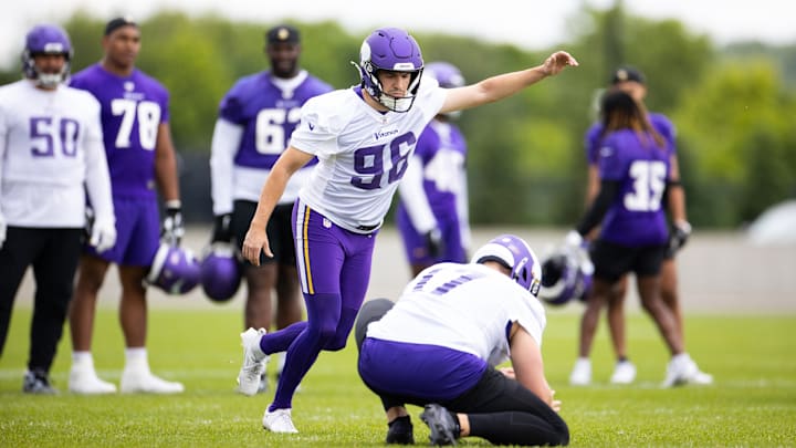 John Parker Romo kicks in Vikings practice. 