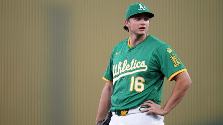Aug 27, 2025; West Sacramento, California, USA; Athletics first baseman Nick Kurtz (16) stands on the field during a break in the action against the Detroit Tigers in the second inning at Sutter Health Park. Mandatory Credit: Cary Edmondson-Imagn Images Aug 27, 2025; West Sacramento, California, USA; Athletics first baseman Nick Kurtz (16) stands on the field during a break in the action against the Detroit Tigers in the second inning at Sutter Health Park. Mandatory Credit: Cary Edmondson-Imagn Images