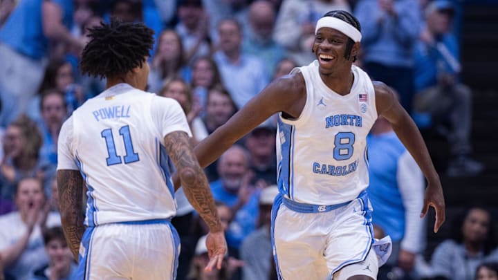 Dec 22, 2025; Chapel Hill, North Carolina, USA; North Carolina Tar Heels forward Caleb Wilson (8) celebrates during the first half against the East Carolina Pirates at Dean E. Smith Center. Mandatory Credit: Scott Kinser-Imagn Images