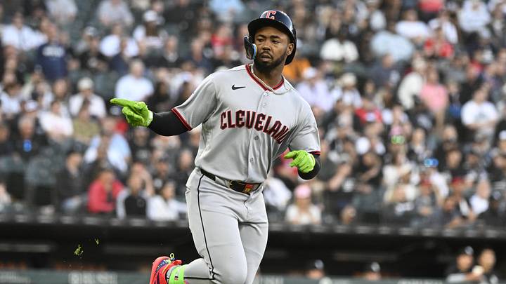 Jun 23, 2026: Cleveland Guardians left fielder Kahlil Watson (31) points after he hits a home run during the fifth inning against the Chicago White Sox  at Rate Field. 