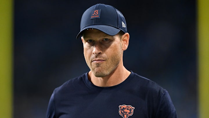 Chicago Bears head coach Ben Johnson looks on during warmups prior to the game against the Detroit Lions at Ford Field.