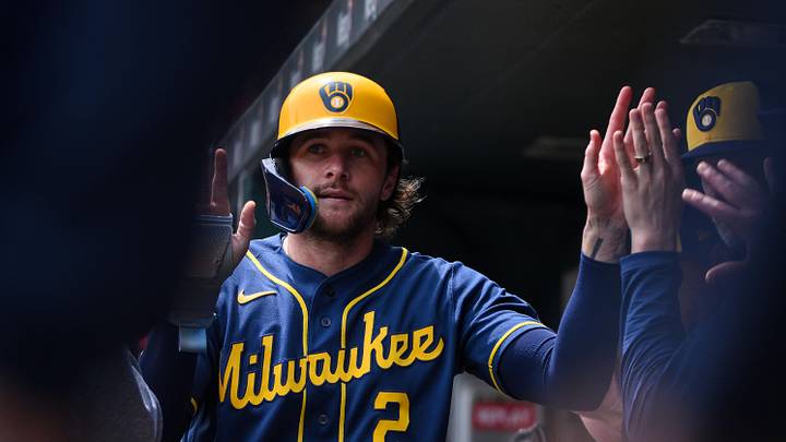May 6, 2026; St. Louis, Missouri, USA; Milwaukee Brewers second baseman Brice Turang (2) is congratulated by teammates after scoring against the St. Louis Cardinals during the first inning at Busch Stadium. Mandatory Credit: Jeff Curry-Imagn Images