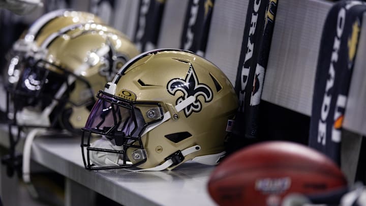 Nov 5, 2023; New Orleans, Louisiana, USA;  Detailed view of the New Orleans Saints helmets on the team bench against the Chicago Bears during the first half at the Caesars Superdome. Mandatory Credit: Stephen Lew-Imagn Images