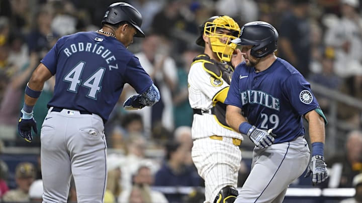 Seattle Mariners catcher Cal Raleigh (right) is congratulated by Julio Rodriguez after a home run against the San Diego Padres on June 9 at Petco Park. Seattle Mariners catcher Cal Raleigh (right) is congratulated by Julio Rodriguez after a home run against the San Diego Padres on June 9 at Petco Park.