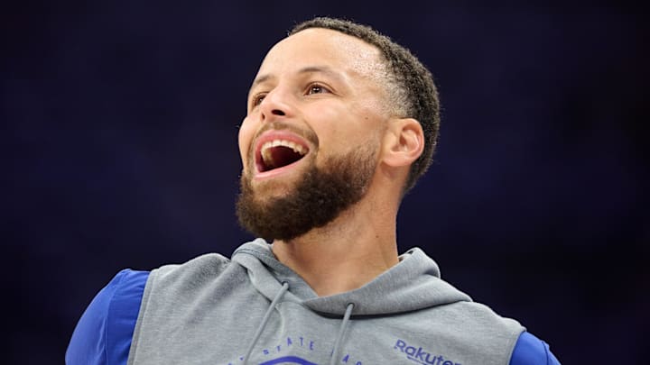 Apr 10, 2026; Sacramento, California, USA; Golden State Warriors guard Stephen Curry (30) reacts during warmups before the game against the Sacramento Kings at Golden 1 Center. Mandatory Credit: Robert Edwards-Imagn Images