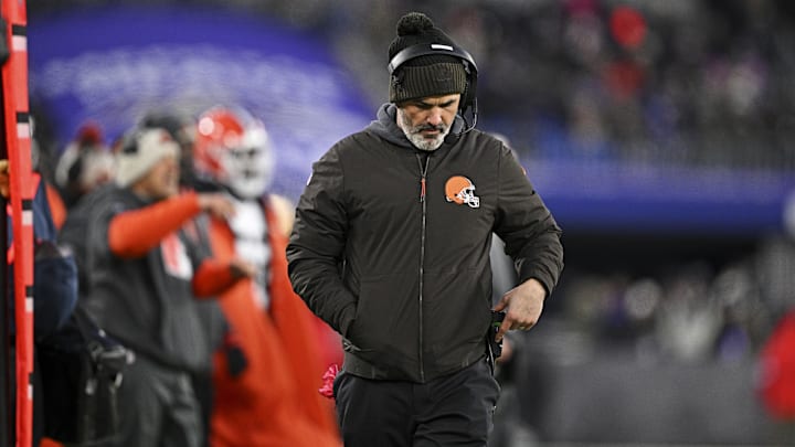 Jan 4, 2025; Baltimore, Maryland, USA; Cleveland Browns head coach Kevin Stefanski looks on during the second quarter against the Baltimore Ravens at M&T Bank Stadium. Mandatory Credit: Tommy Gilligan-Imagn Images