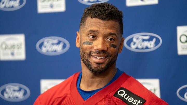 New York Giants quarterback Russell Wilson (3) speaks during a press conference during day one of the New York Giants training camp.
