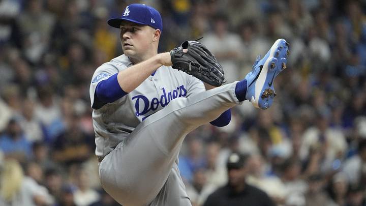 Oct 11, 2026; Milwaukee, Wisconsin, USA;  Los Angeles Dodgers pitcher Tarik Skubal (29) pitches against the Milwaukee Brewers in game one of the NLCS for the 2026 MLB Playoffs at American Family Field.  Mandatory Credit: Michael McLoone-Imagn Images