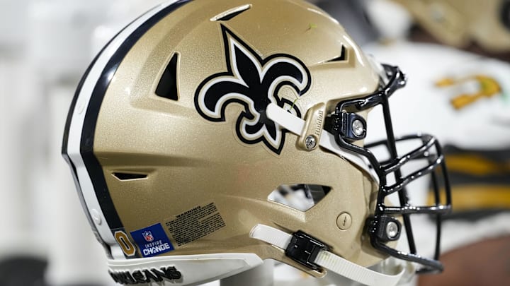 Dec 23, 2024; Green Bay, Wisconsin, USA;  General view of a New Orleans Saints helmet during the game against the Green Bay Packers at Lambeau Field. Mandatory Credit: Jeff Hanisch-Imagn Images
