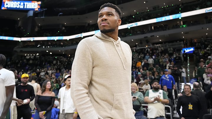 Apr 10, 2026; Milwaukee, Wisconsin, USA;  Milwaukee Bucks forward Giannis Antetokounmpo (34) looks around following the game against the Brooklyn Nets at Fiserv Forum. Mandatory Credit: Jeff Hanisch-Imagn Images