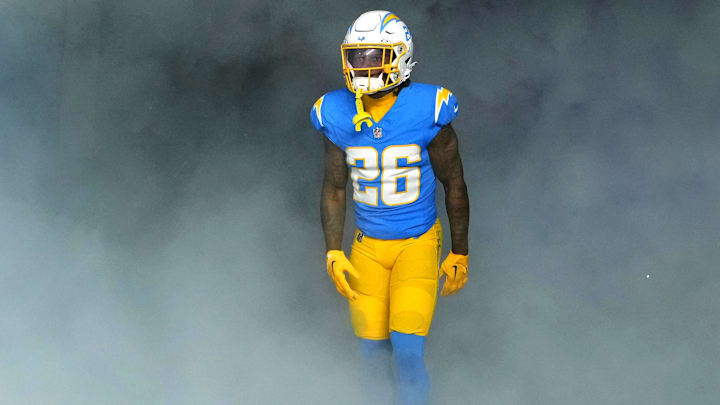 Dec 23, 2023; Inglewood, California, USA; Los Angeles Chargers cornerback Asante Samuel Jr. (26)  enters the field before the game against the Buffalo Bills at SoFi Stadium. Mandatory Credit: Kirby Lee-Imagn Images