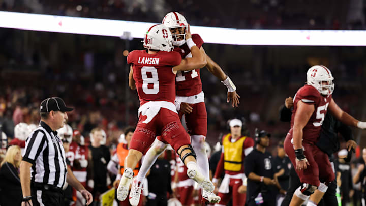 Aug 30, 2024; Stanford, California, USA; Stanford Cardinal quarterback Justin Lamson (8) celebrates after scoring a touchdown during the second half against the TCU Horned Frogs at Stanford Stadium. Mandatory Credit: Sergio Estrada-Imagn Images