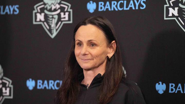New York Liberty coach Sandy Brondello at press conference at the Crypto.com Arena. New York Liberty coach Sandy Brondello at press conference at the Crypto.com Arena.