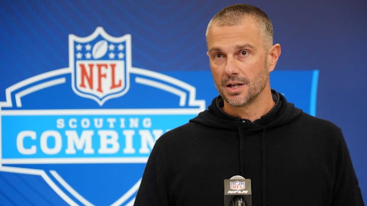 Feb 25, 2025; Indianapolis, IN, USA; Las Vegas Raiders general manager John Spytek speaks during the NFL Scouting Combine at the Indiana Convention Center. Mandatory Credit: Kirby Lee-Imagn Images