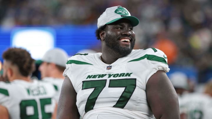 Aug 14, 2021; East Rutherford, New Jersey, USA; New York Jets offensive tackle Mekhi Becton (77) Aug 14, 2021; East Rutherford, New Jersey, USA; New York Jets offensive tackle Mekhi Becton (77)