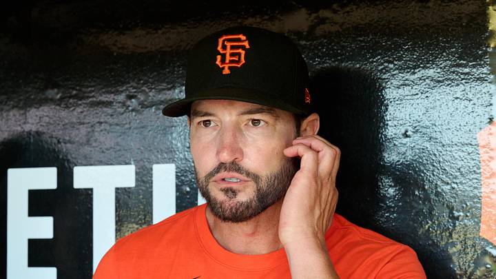 San Francisco, California, USA; San Francisco Giants manager Tony Vitello (23) speaks to the media before a game against the Detroit Tigers at Oracle Park. Mandatory Credit: Robert Edwards-Imagn Images