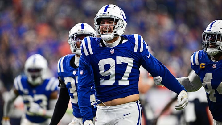 Indianapolis Colts defensive end Laiatu Latu (97) celebrates a sack during the second half against the Chicago Bears at Lucas Oil Stadium. Indianapolis Colts defensive end Laiatu Latu (97) celebrates a sack during the second half against the Chicago Bears at Lucas Oil Stadium.