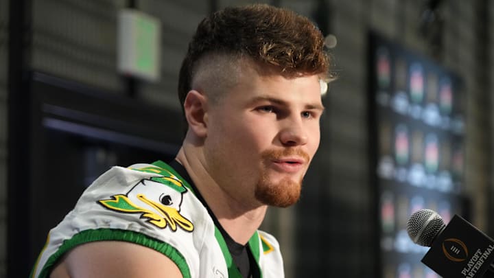 Dec 30, 2024; Los Angeles, CA, USA; Oregon Ducks linebacker Bryce Boettcher (28) during Rose Bowl media day at Sheraton Grand LA. Mandatory Credit: Kirby Lee-Imagn Images Dec 30, 2024; Los Angeles, CA, USA; Oregon Ducks linebacker Bryce Boettcher (28) during Rose Bowl media day at Sheraton Grand LA. Mandatory Credit: Kirby Lee-Imagn Images