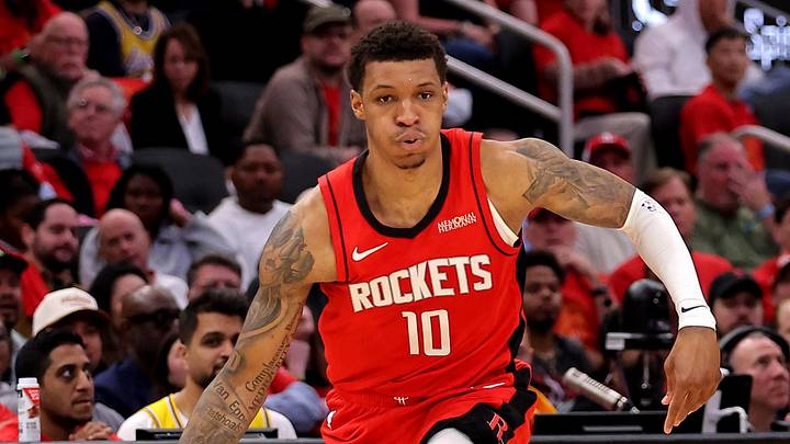 May 1, 2026; Houston, Texas, USA; Houston Rockets forward Jabari Smith Jr. (10) handles the ball against the Los Angeles Lakers during the second quarter of game six of the first round of the 2026 NBA Playoffs at Toyota Center. Mandatory Credit: Erik Williams-Imagn Images