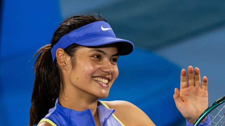 Emma Raducanu celebrates a victory