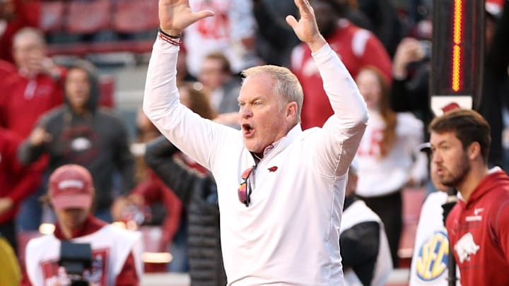 Nov 5, 2022; Fayetteville, Arkansas, USA; Arkansas Razorbacks vice chancellor and director of athletics Hunter Yurachek reacts to a two point conversion attempt during the fourth quarter against the Liberty Flames at Donald W. Reynolds Razorback Stadium. Liberty won 21-19. Mandatory Credit: Nelson Chenault-Imagn Images