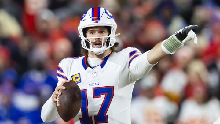 Jan 26, 2025; Kansas City, MO, USA; Buffalo Bills quarterback Josh Allen (17) reacts against the Kansas City Chiefs.