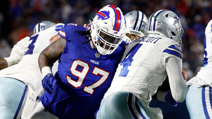 Buffalo Bills defensive tackle Jordan Phillips (97) gets the sack on Dallas Cowboys quarterback Dak Prescott (4).  