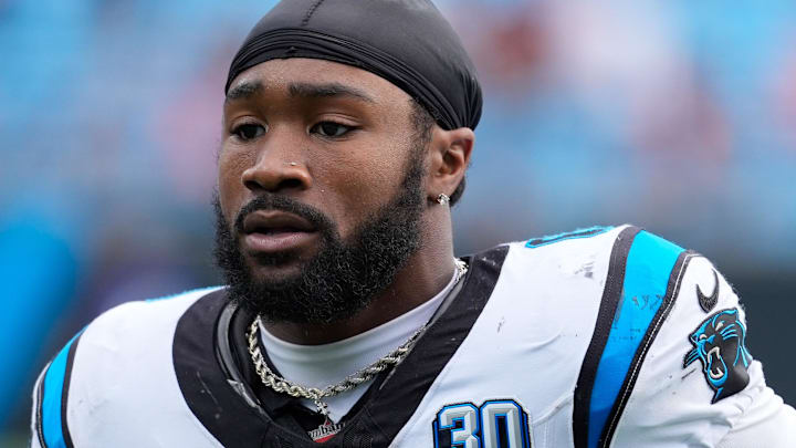 Sep 29, 2024; Charlotte, North Carolina, USA; Carolina Panthers running back Miles Sanders (6) during the fourth quarter at Bank of America Stadium. Mandatory Credit: Jim Dedmon-Imagn Images