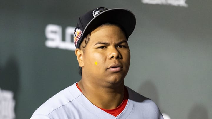 Nov 9, 2025; Mesa, AZ, USA; Cincinnati Reds catcher Alfredo Duno during the Arizona Fall League Fall Stars Game at Sloan Park. Mandatory Credit: Mark J. Rebilas-Imagn Images