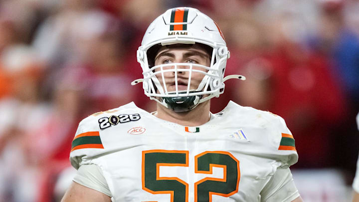 Jan 19, 2026; Miami Gardens, FL, USA; Miami Hurricanes offensive lineman James Brockermeyer (52) against the Indiana Hoosiers during the College Football Playoff National Championship game at Hard Rock Stadium. Mandatory Credit: Mark J. Rebilas-Imagn Images