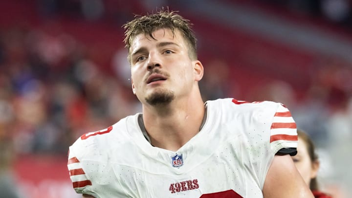 Jan 5, 2025; Glendale, Arizona, USA; San Francisco 49ers offensive tackle Nick Zakelj (63) against the Arizona Cardinals at State Farm Stadium. Mandatory Credit: Mark J. Rebilas-Imagn Images Jan 5, 2025; Glendale, Arizona, USA; San Francisco 49ers offensive tackle Nick Zakelj (63) against the Arizona Cardinals at State Farm Stadium. Mandatory Credit: Mark J. Rebilas-Imagn Images