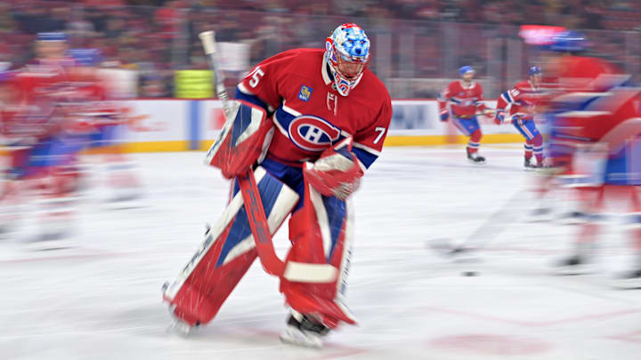 Mar 26, 2026; Montreal, Quebec, CAN; Montreal Canadiens goalie Jakub Dobes (75) skates during the warmup before the game against the Columbus Blue Jackets at the Bell Centre. Mandatory Credit: Eric Bolte-Imagn Images