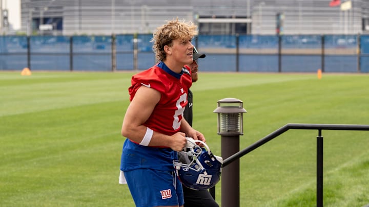Jaxson Dart a quarterback with the NY Giants, is shown after practice at Quest Diagnostics Giants Training Center, East Rutherford, NJ, May 28, 2025.