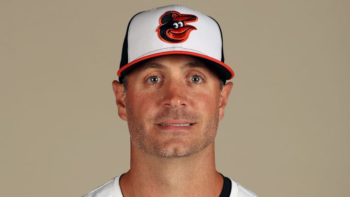 Feb 21, 2024; Sarasota, FL, USA; Baltimore Orioles coach Matt Borgschulte (62) poses for a photo during photo day at Ed Smith Stadium. Mandatory Credit: Kim Klement Neitzel-Imagn Images