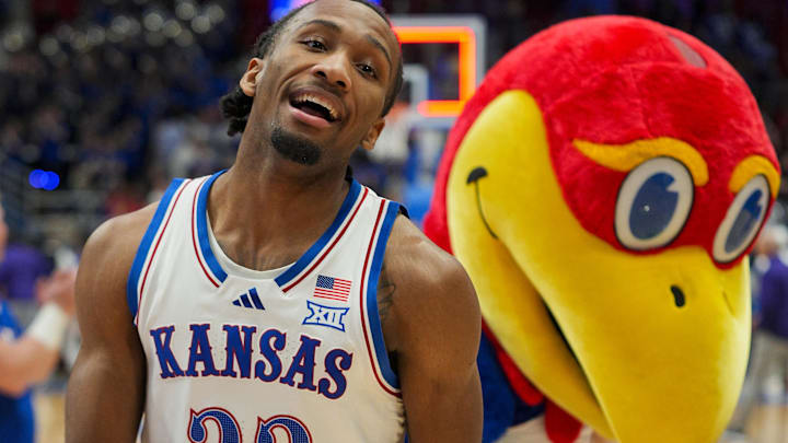 Nov 3, 2025; Lawrence, Kansas, USA; Kansas Jayhawks guard Darryn Peterson (22) reacts after defeating the Green Bay Phoenix at Allen Fieldhouse. Mandatory Credit: Jay Biggerstaff-Imagn Images