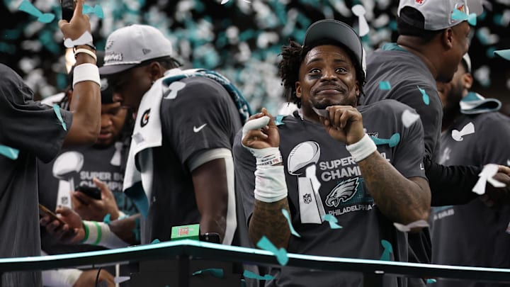 Feb 9, 2025; New Orleans, LA, USA; Philadelphia Eagles safety C.J. Gardner-Johnson celebrates on the stage during the championship trophy presentation after the Eagles' game against the Kansas City Chiefs in Super Bowl LIX at Caesars Superdome. Mandatory Credit: Geoff Burke-Imagn Images