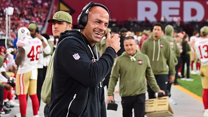 San Francisco 49ers defensive coordinator Robert Saleh reacts after defeating the Arizona Cardinals.