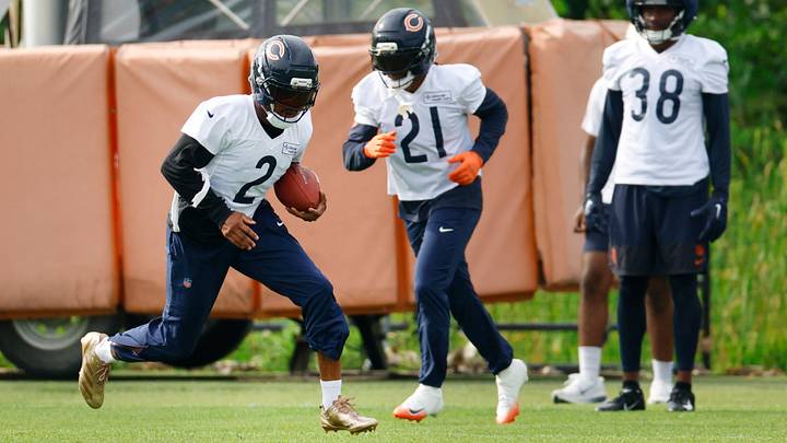 Chicago Bears DB Coby Bryant runs with the ball during Training Camp. Mandatory Credit: Kamil Krzaczynski-Imagn Images Chicago Bears DB Coby Bryant runs with the ball during Training Camp. Mandatory Credit: Kamil Krzaczynski-Imagn Images
