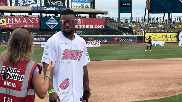 Saquon Barkley felt the love from Eagles fans at Coca-Cola Park during the third annual DeVonta Smith celebrity softball game on June 29, 2024. Saquon Barkley felt the love from Eagles fans at Coca-Cola Park during the third annual DeVonta Smith celebrity softball game on June 29, 2024.