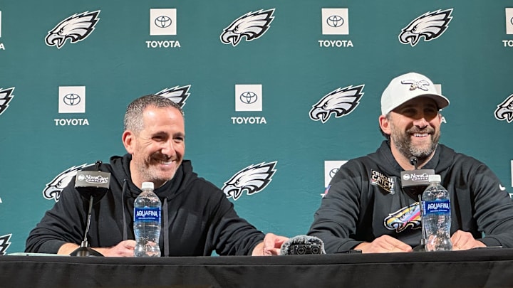 Eagles GM Howie Roseman (left) and head coach Nick Sirianni discuss the upcoming 2025 NFL Draft. Eagles GM Howie Roseman (left) and head coach Nick Sirianni discuss the upcoming 2025 NFL Draft.
