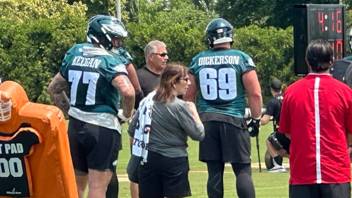 Pro Bowl LG Landon Dickerson at the Eagles' OTA practice on June 3, 2025. Pro Bowl LG Landon Dickerson at the Eagles' OTA practice on June 3, 2025.