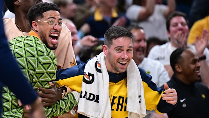 Apr 11, 2025; Indianapolis, Indiana, USA; Indiana Pacers guard Tyrese Haliburton, left, and guard T.J. McConnell celebrate a dunk against the Orlando Magic at Gainbridge Fieldhouse. Mandatory Credit: Marc Lebryk-Imagn Images Apr 11, 2025; Indianapolis, Indiana, USA; Indiana Pacers guard Tyrese Haliburton, left, and guard T.J. McConnell celebrate a dunk against the Orlando Magic at Gainbridge Fieldhouse. Mandatory Credit: Marc Lebryk-Imagn Images