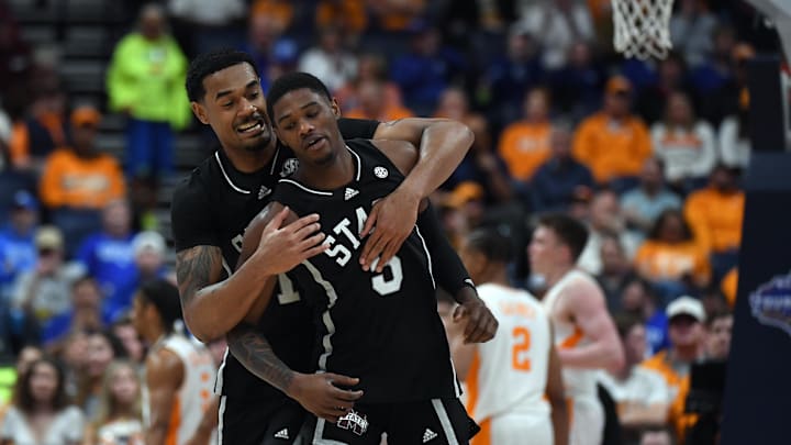 Mar 15, 2024; Nashville, TN, USA; Mississippi State Bulldogs forward Tolu Smith (1) celebrates a play against Tennessee. 