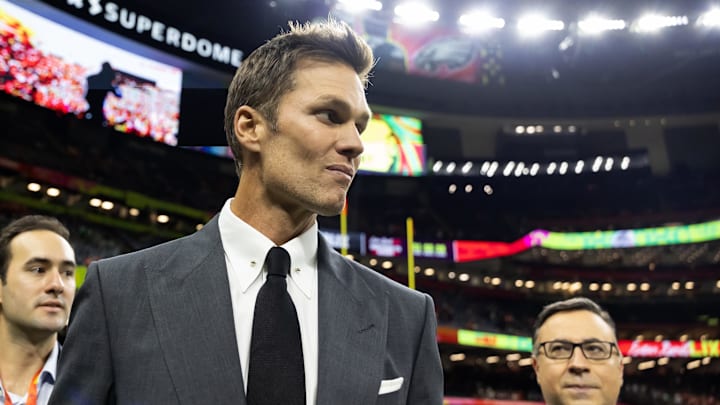 Feb 9, 2025; New Orleans, LA, USA: Fox Sports announcer Tom Brady on the field before Super Bowl LIX between the Philadelphia Eagles and the Kansas City Chiefs at Ceasars Superdome. Mandatory Credit: Mark J. Rebilas-Imagn Images