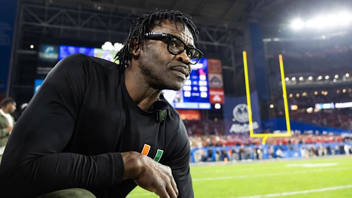 Miami Hurricanes former player Michael Irvin looks on in the closing seconds of the game against the Mississippi Rebels during the 2026 Fiesta Bowl