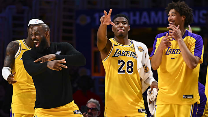 Los Angeles Lakers forward Jarred Vanderbilt (2), forward LeBron James (23), forward Rui Hachimura (28), center Jaxson Hayes (11), and Los Angeles Lakers guard Luka Doncic (77) celebrate after scoring against the Houston Rockets during the second half at Crypto.com Arena.