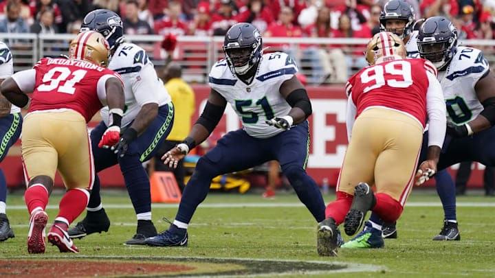 Seattle Seahawks center Olu Oluwatimi blocks San Francisco 49ers DT Sam Okuayinonu in the second quarter at Levi's Stadium.