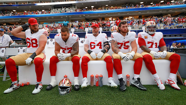 San Francisco 49ers offensive linemen (L to R) Colton McKivitz, Dominick Puni, Jake Brendel, Connor Colby and Trent Williams